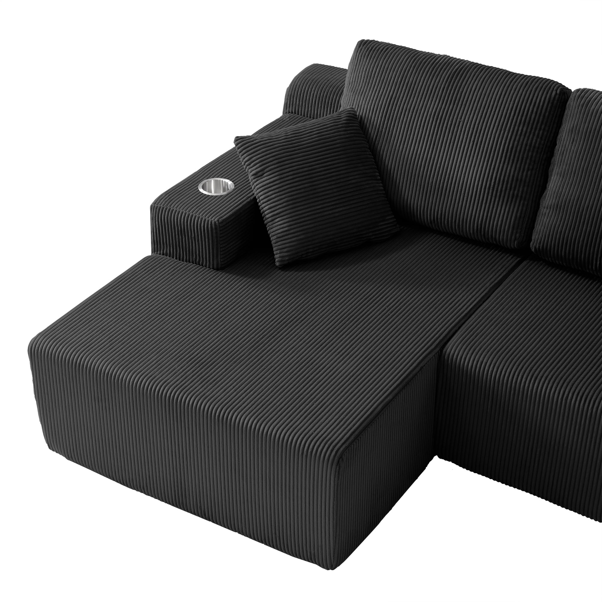 130" U-Shaped Boneless Modular Sectional Sofa with Chaise, 6 Pillows and Cup Holders