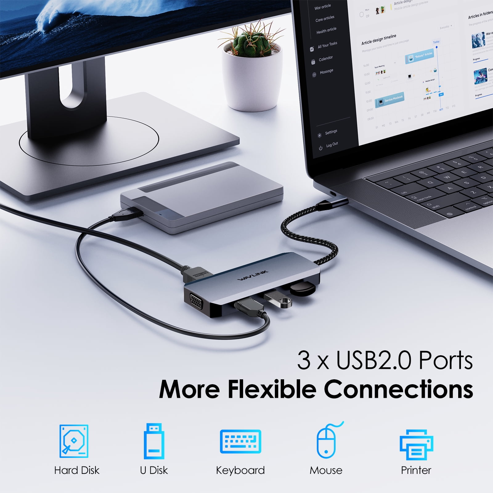 WAVLINK 7-IN-1 USB Dock Station, USB Adapter with HDMI/DP/VGA for Dell/HP/Lenovo Laptop Dock