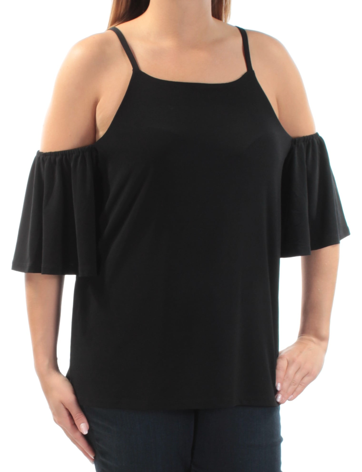 Kensie Womens Black Cold Shoulder Ruffled Casual Blouse Top L Kensie Womens Black Cold Shoulder Ruffled Casual Blouse Top L
