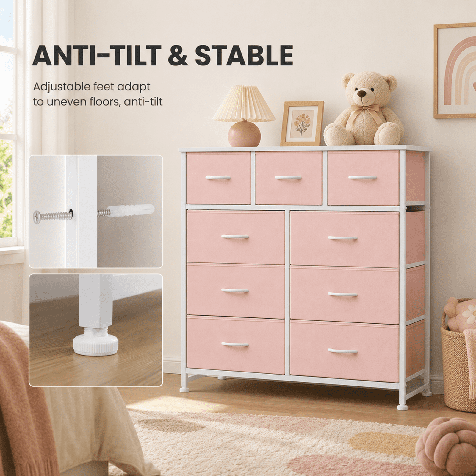 Alvantor 7/8/9-Dresser, Dresser for Bedroom Organizer Storage, Fabric Storage Tower with Sturdy Steel Frame, Wooden Top & Easy Pull Fabric Bins, Dresser for Living Room Entryway Clothes Organization