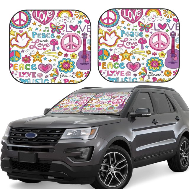 Wukai Peace Love and Dove Flower Power Car Front Windshield Sun Shade,Sun Visor Shield Block Automotive Interior Protector Blocks UV Rays-Small