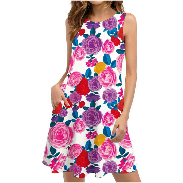 SMihono Robe d'Été Boho pour Femmes Grande Taille Robes d'Été pour Femmes Plage T-Shirt Floral Robe d'Été Décontractée avec Poches Robe Boho