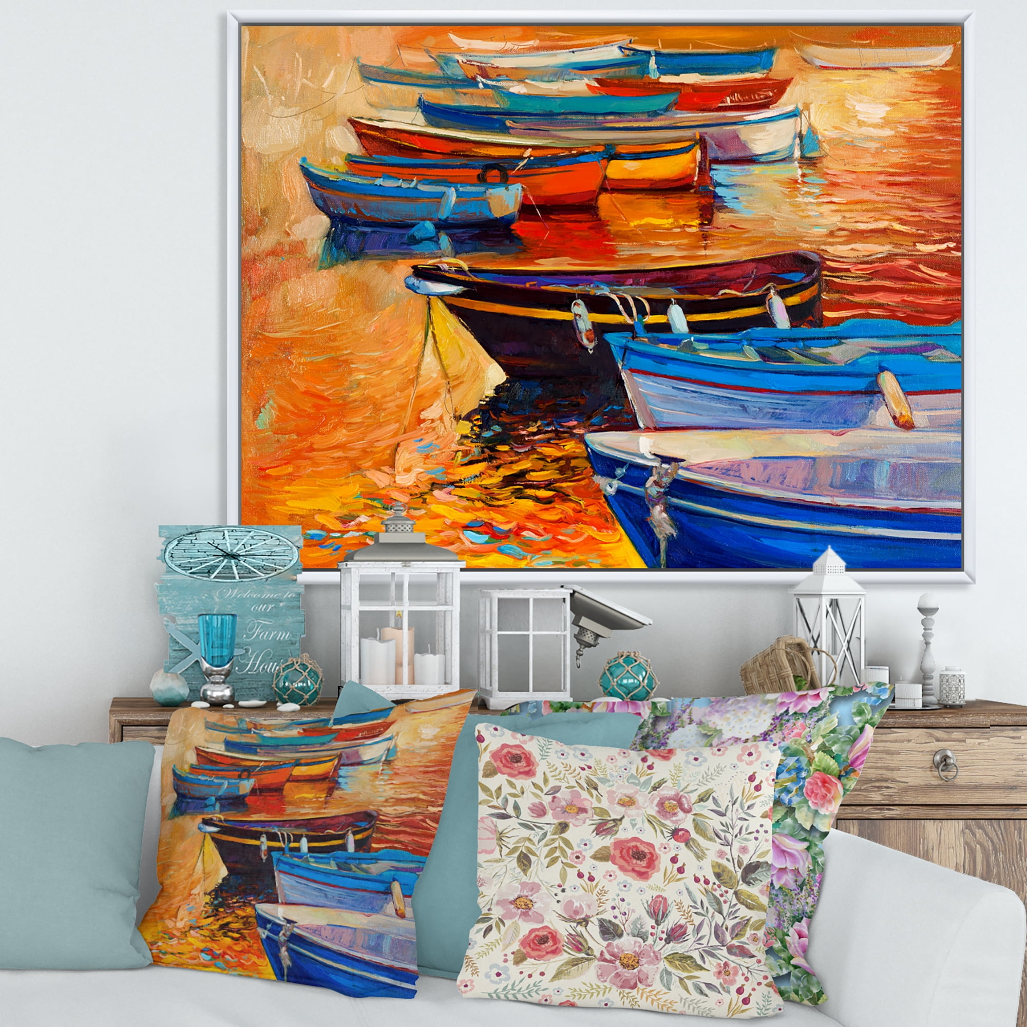 Designart 'Boats During Warm Colourd Sunset In The Harbor I' Nautical & Coastal Framed Canvas Wall Art Print