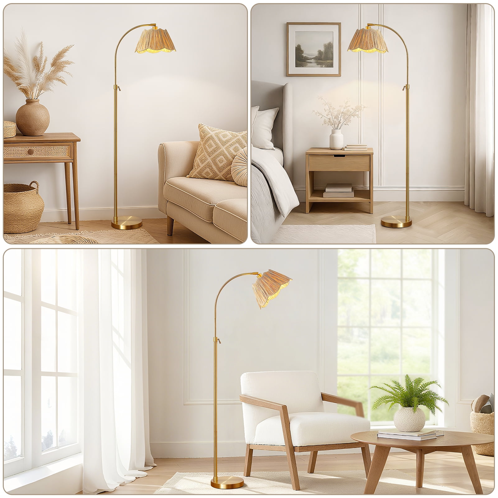 RORIA 64” Curved Floor Lamp, Height Adjustable gold Standing Lamp,with a woven paper shade, perfect for bedrooms, living rooms, and offices (bulb included)