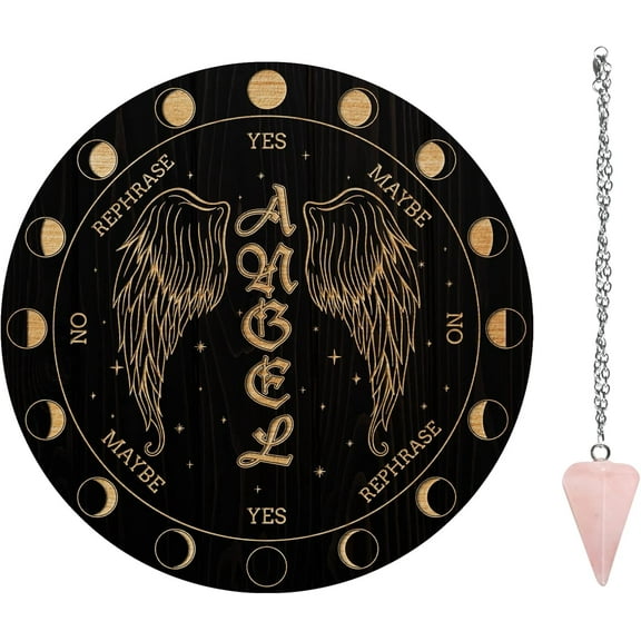 7.8" Witch Pendulum Board, Angel Wings Wooden Dowsing Planchette with Rose Quartz Crystal Dowsing Pendulums Witchcraft Divination Tools Mixed Color DIY