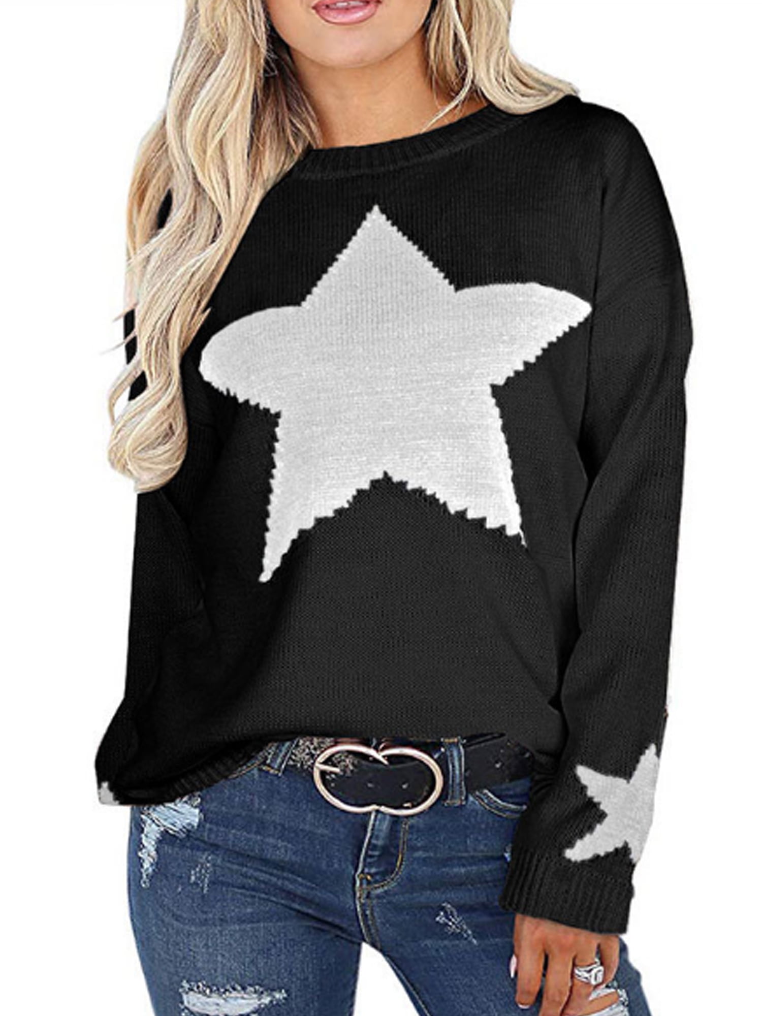 Happy shopping Satisfied shopping Womens Pullover Sweaters Star Graphic ...