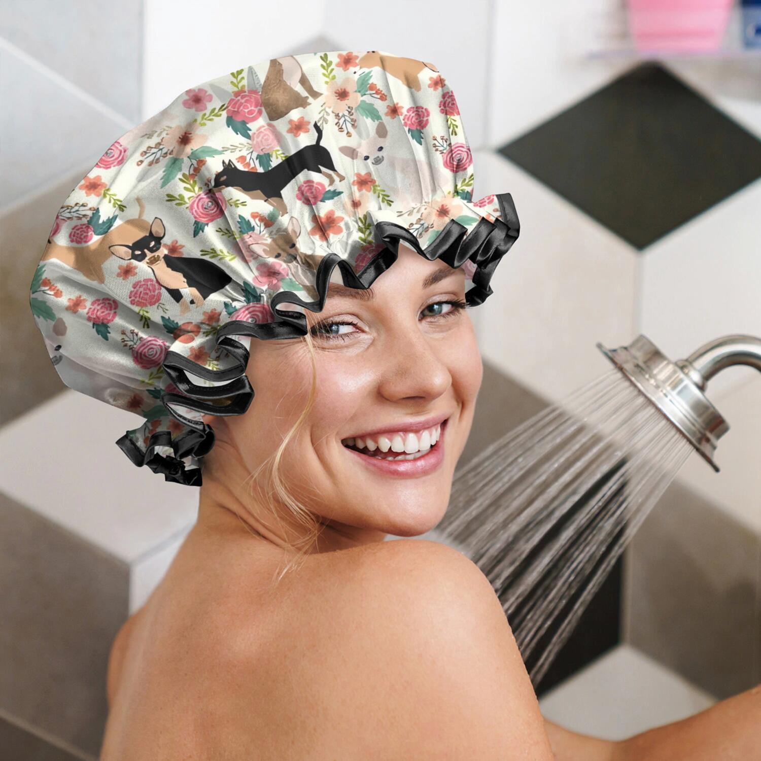 Shower Caps,Chihuahua and Pioneer Flower Waterproof Shower Cap for Women 4 Pieces,Double Reusable Hair Cover for Shower PEVA Elastic Stretch Hem