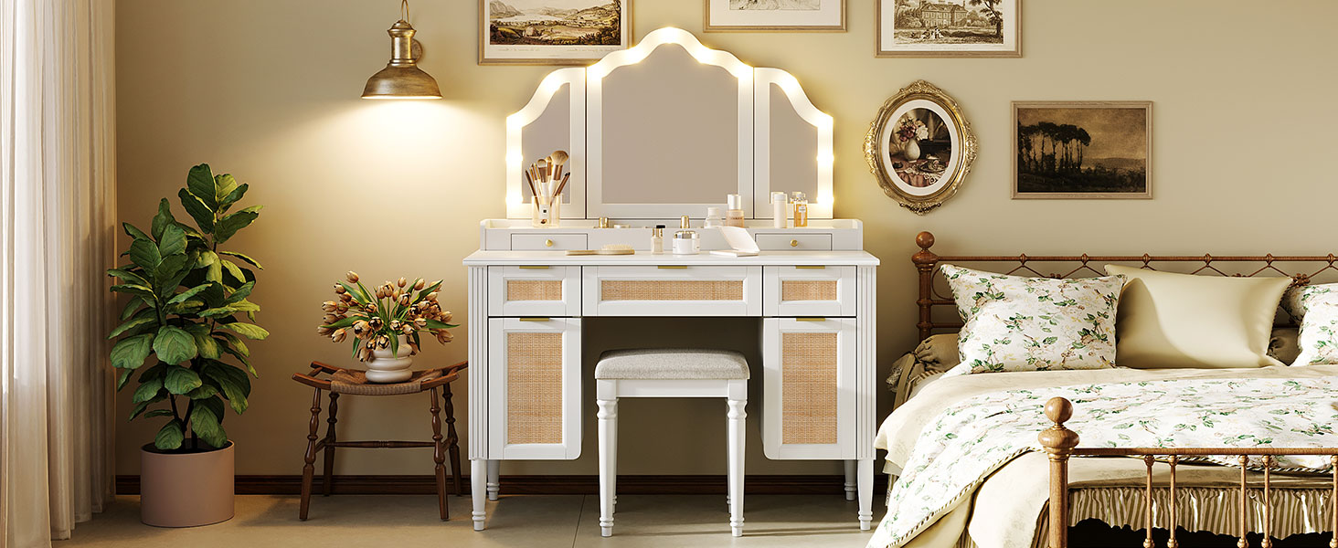 Mintazer 44" Makeup Vanity Set with Tri-Fold LED Mirror & Charging Station, Dressing Table with 5 Drawers & 2 Cabinets and Stool, Makeup Vanity Desk with Hollywood Bulbs for Bedroom, White
