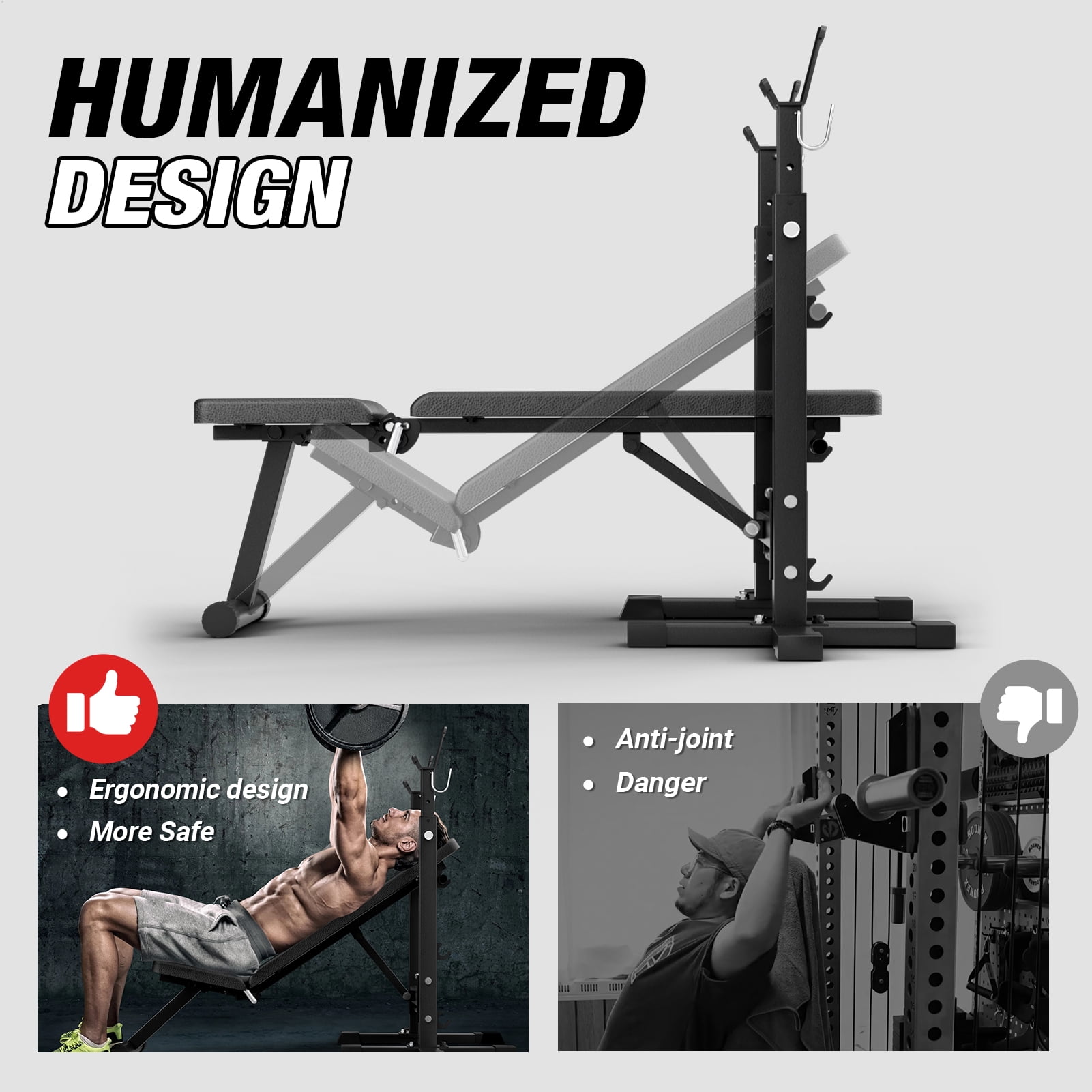 Mikolo Adjustable Weight Bench, 660LBS Foldable Bench Press with Squat Rack, Multi-functional Adjustable Flat Incline Bench for Chest, Shoulder Home Gym Equipment, Black