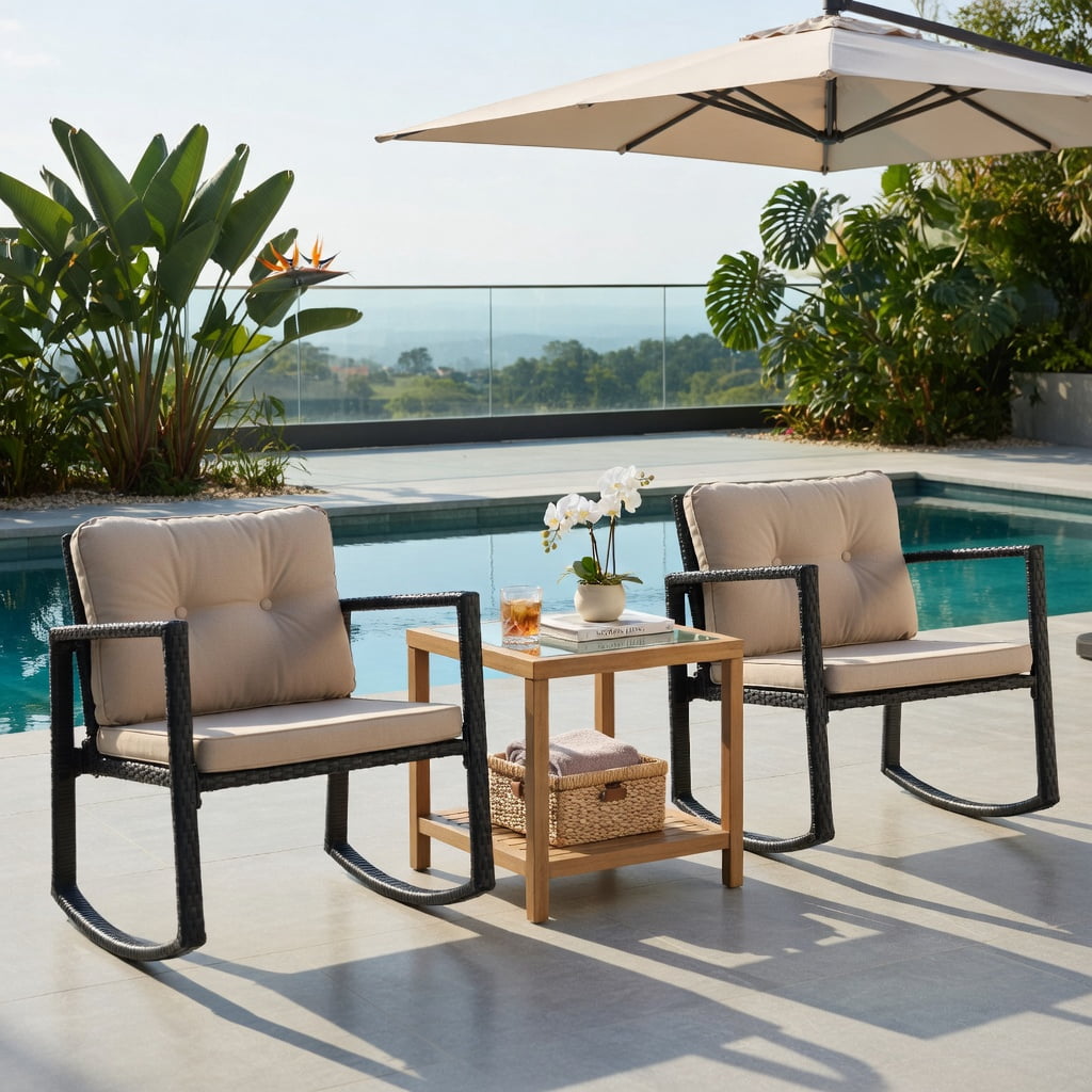 Hommoo 3-Piece Wicker Rocking Bistro Set, Outdoor Patio Chairs + Tempered Glass Coffee Table with Storage Shelf, Brown