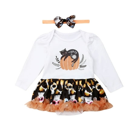 Newborn Baby Girl Long Sleeve Halloween Costume Bodysuit Outfits Infant Pumpkin Romper Patchwork Skirt with