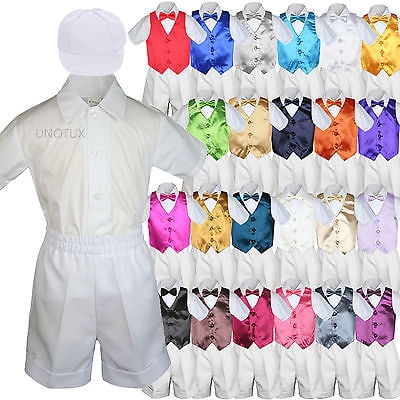 Baby Boys Toddler Formal Vest Shorts Suit Satin Vest Bow Tie 5pc Khaki Set S-4T 