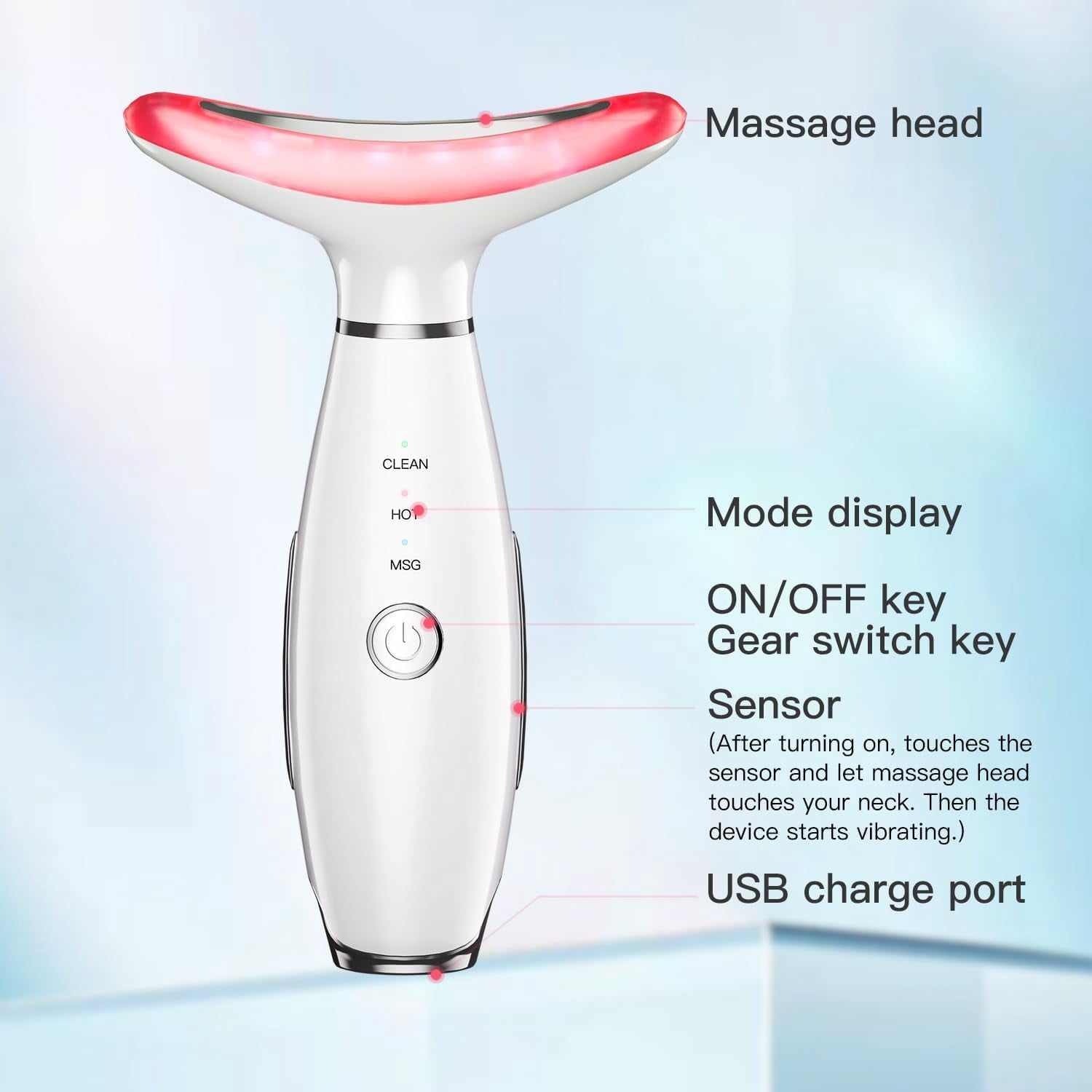 Facial Massager -7 Color Red-Light-Therapy for Face and Neck for Wrinkles, Double Chin, Vibrating Facial Massager with Thermals (White)