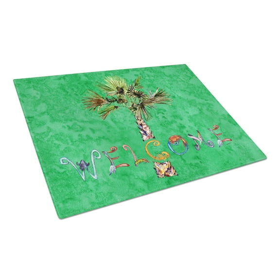 Welcome Palm Tree on Green Glass Cutting Board Large