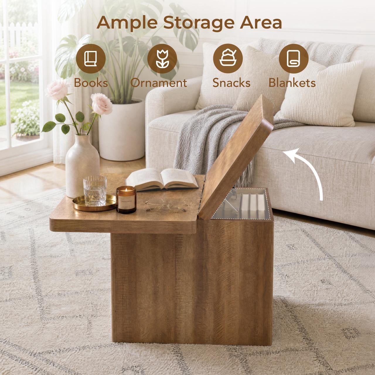 Spruce & Spring 31" Square Lift Top Coffee Table with Storage & Charging Station, USB-A & USB-C Ports, Center Table with Round Corner for Living Room, Natural Wood Finish