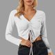 thumbnail image 1 of ICHUANYI Clearance Women Fashion Sexy Casual Lace Up Versatile Solid V-Neck Lantern Sleeves With Drawn Pleats And Exposed Navel ICHUANYI "ICHUANYI", 1 of 7