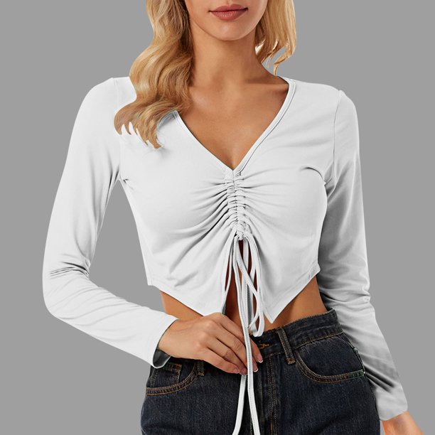 ICHUANYI Clearance Women Fashion Sexy Casual Lace Up Versatile Solid V-Neck Lantern Sleeves With Drawn Pleats And Exposed Navel ICHUANYI "ICHUANYI"