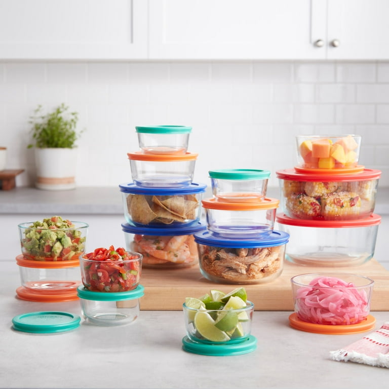 Pyrex Simply Store Glass Food Storage & Bake Container Set, 32 Piece with  Multicolor Lids 