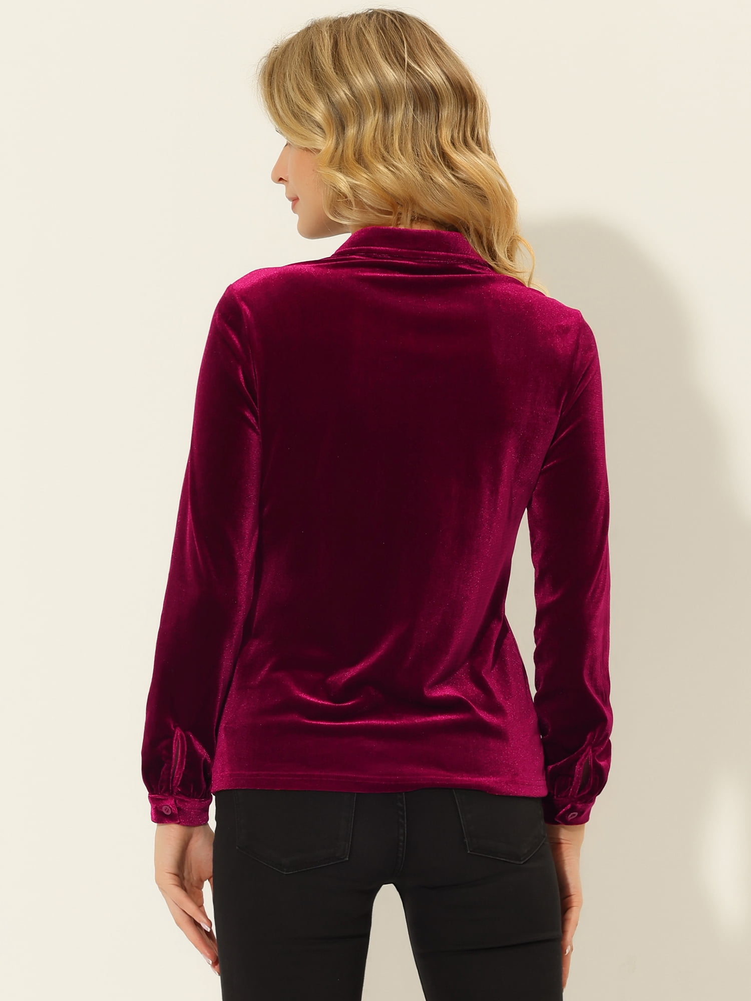 DARING DIVA Women's Office Pocket Front Long Sleeve Button Down Velvet Shirt L Wine Red