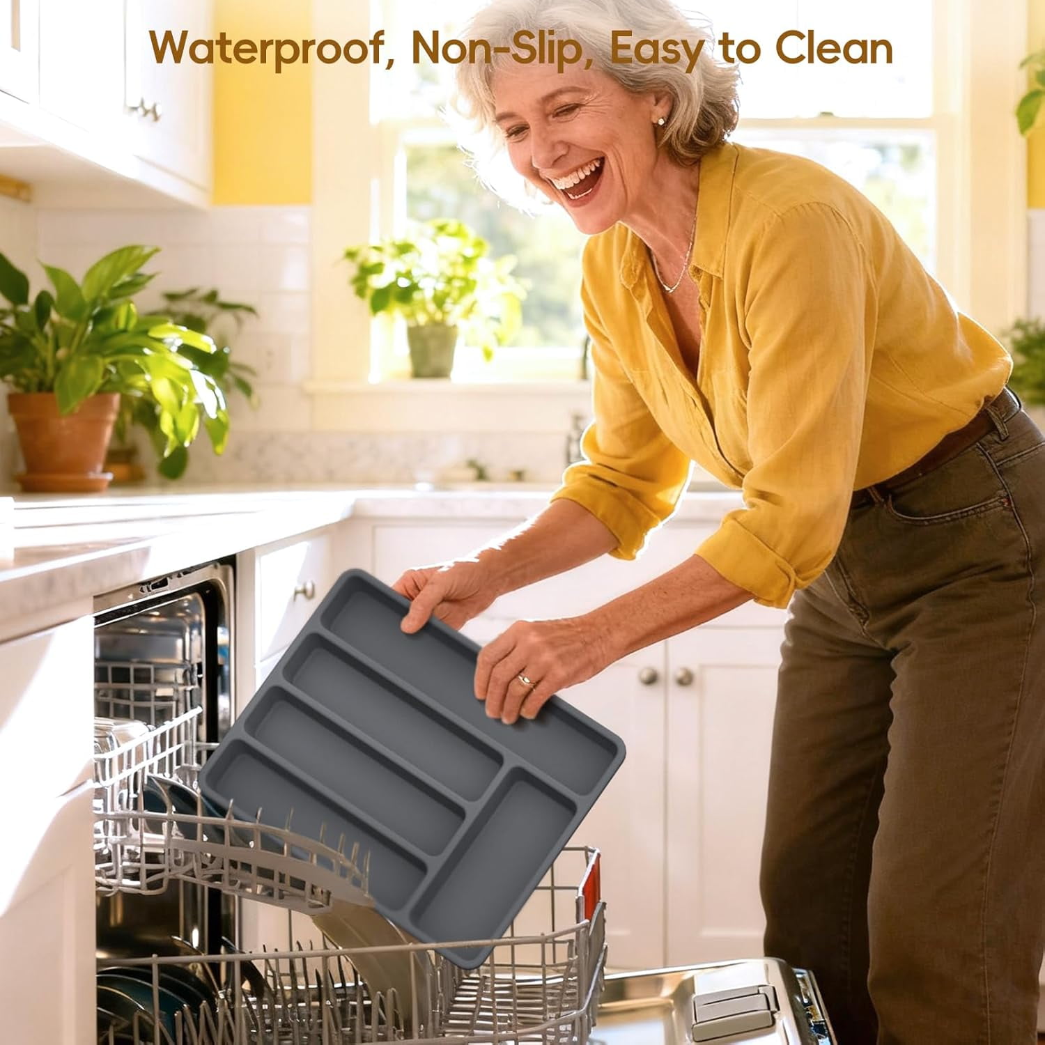 Non-Slip Silicone Kitchen Drawer Organizer for Utensils & Flatware | Heavy-Duty Silverware Cutlery Tray Insert | Waterproof, Easy-Clean for Office, Junk Drawer