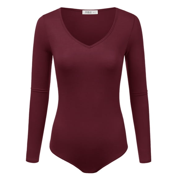 Doublju Women's Long Sleeve V-Neck Stretchy Bodysuit Tops (Plus Size Available)