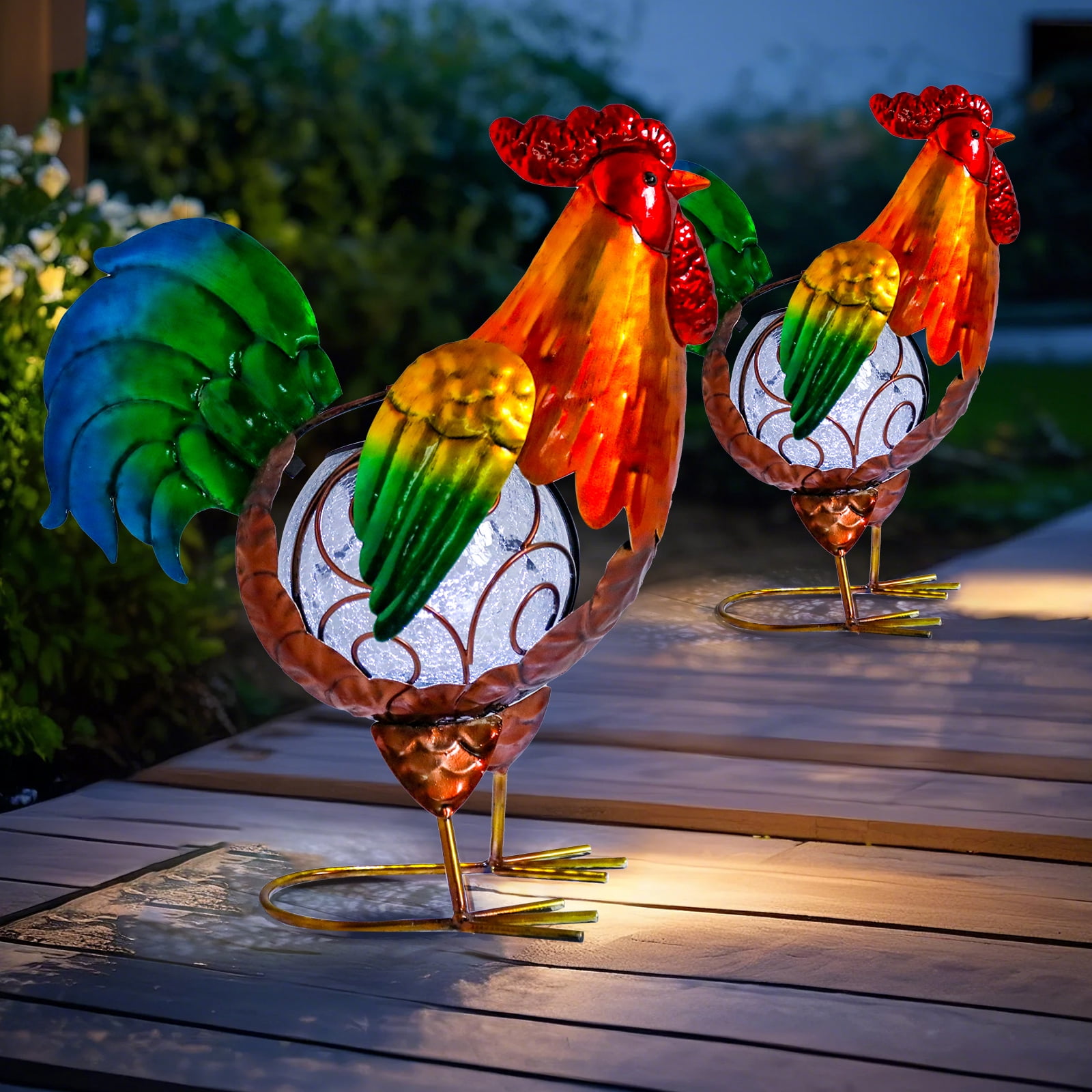 Chicken Statue,Rooster Solar Lights Outdoor Garden Decor, Rooster Solar Light with Crackle Glass Globe Gardening Statue Gifts and Metal Statue ,for Lawn Porch Patio Outside Garden