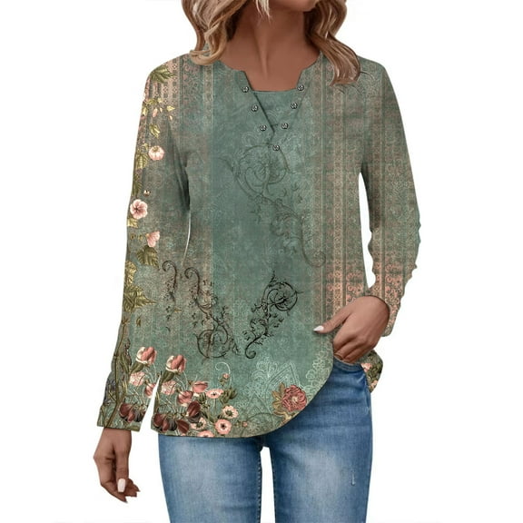 WREESH Womens Fashion Tunic Top V Neck Print Pullover Regular Fit Button Long Sleeve Tops Christmas Pleated Top Olive Green