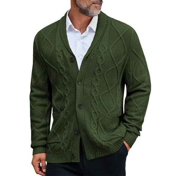 CharmCyan Men's Classic Cable Knit Cardigan Sweater with Button Down Closure and Shawl Collar for Business Casual Wear Army Green L