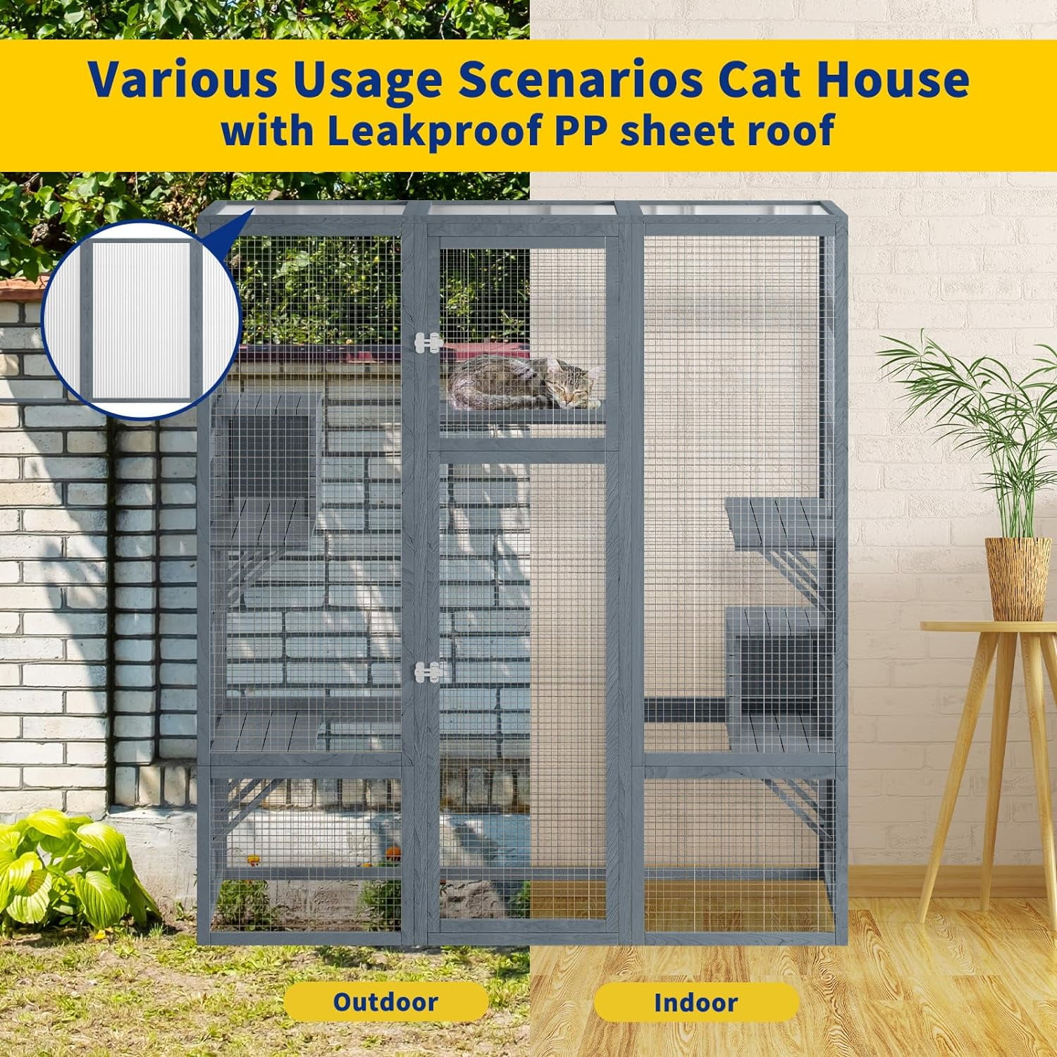 Akaber Large Outdoor Cat Enclosures with 7 Platforms & 2 Resting Rooms, Fir Wood Catio House with Waterproof UV Protection Roof, Indoor Outdoor Cat Furniture