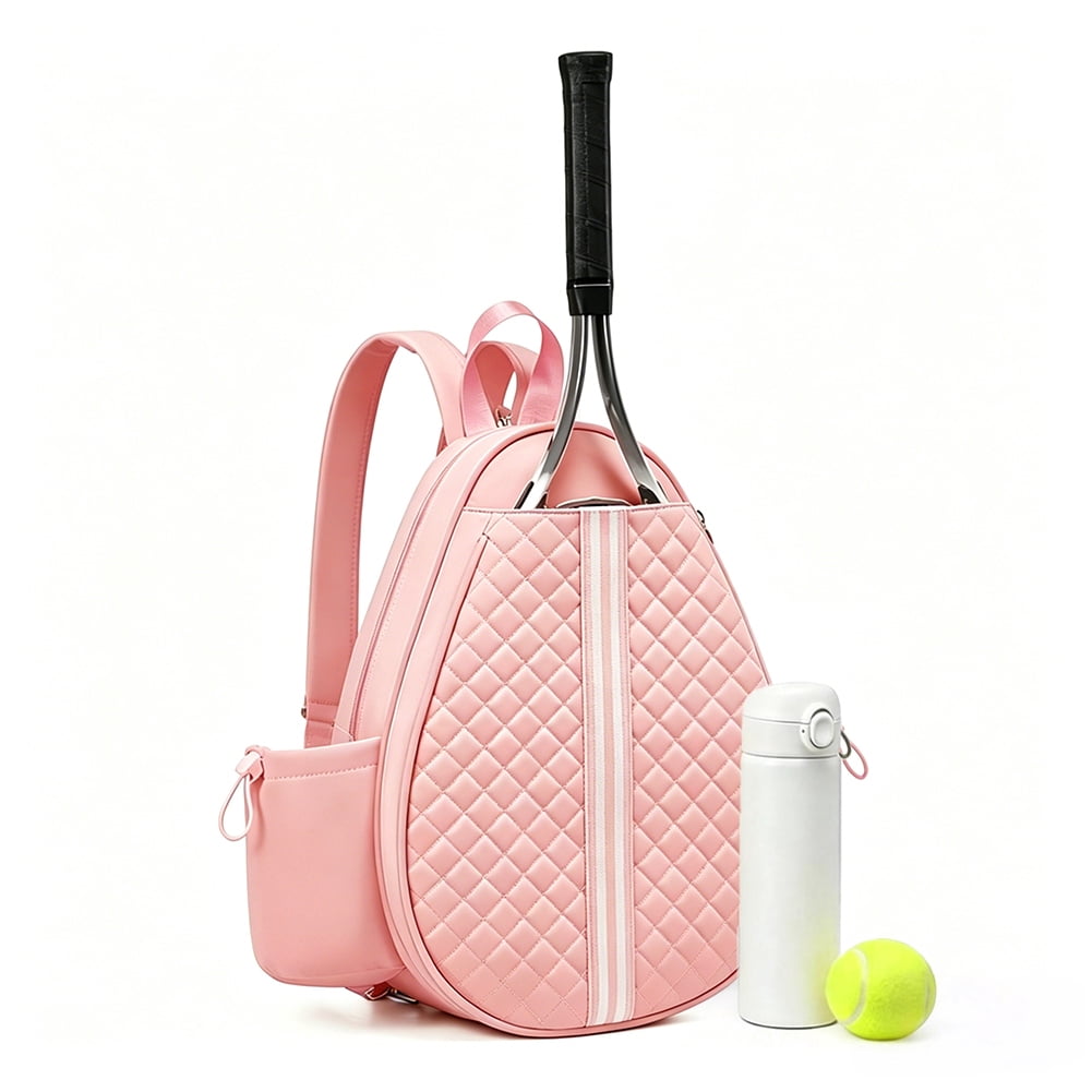 HUISZJ Tennis Bag, Water Resistant Quilted Tennis Sling Backpack with Water Bottle Holder, 16.54x12.6x1.85 inch Badminton Racket Bag for Women Men (Pink)