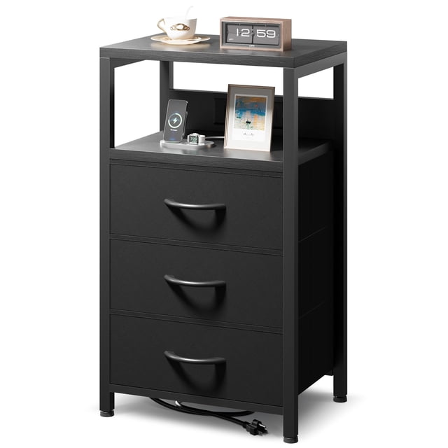 Mesa de Noche Lazzanto con Puertos USB-C y Enchufes CA Negra