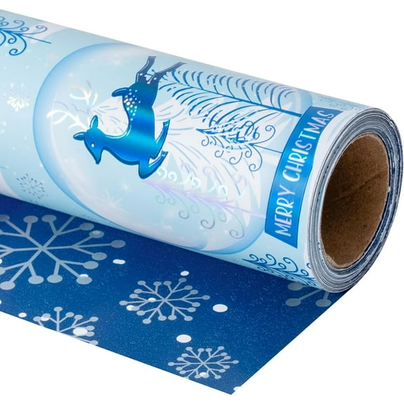 Christmas Wrapping Paper Roll, Reindeer Snow Crystal Ball, Snowflake Reversible Design for Christmas, Holiday, Party, 17 inches x 32.8 Feet