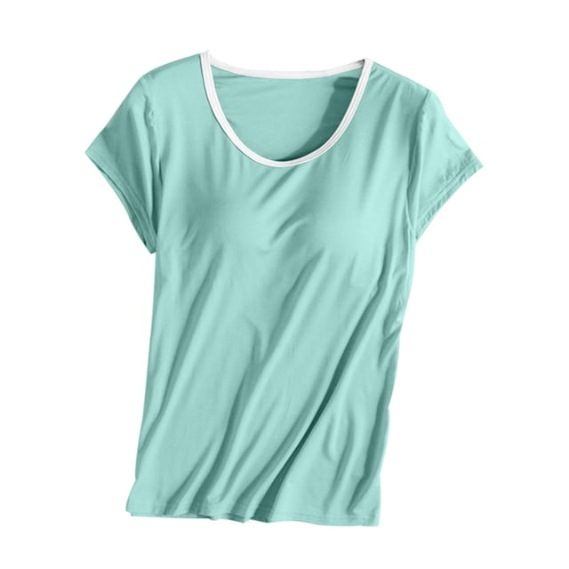 JIUKE Hauts de Pyjama pour Femmes avec Soutien-Gorge Intégré Manches Courtes Col Rond Base Superposée Décontracté Confortable Vêtements de Maison