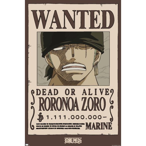 One Piece - Roronoa Zoro Wanted Poster Wall Poster, 14.725" x 22.375"