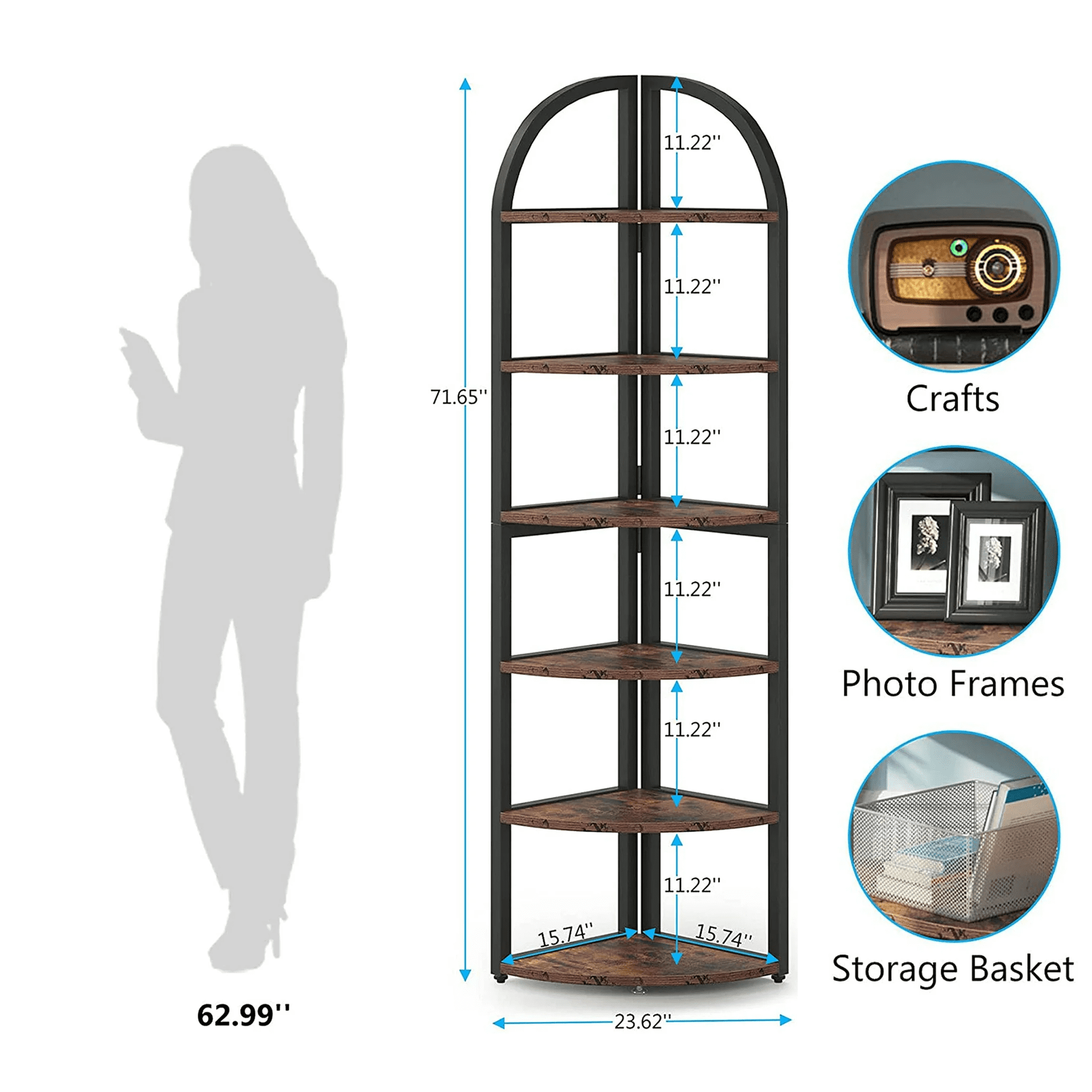 MAYEERTY Fan-Shaped 6-Tier Corner Storage Shelf, 71" Freestanding Display Rack, Multi-Purpose Bookshelf & Plant Stand for Compact Rooms