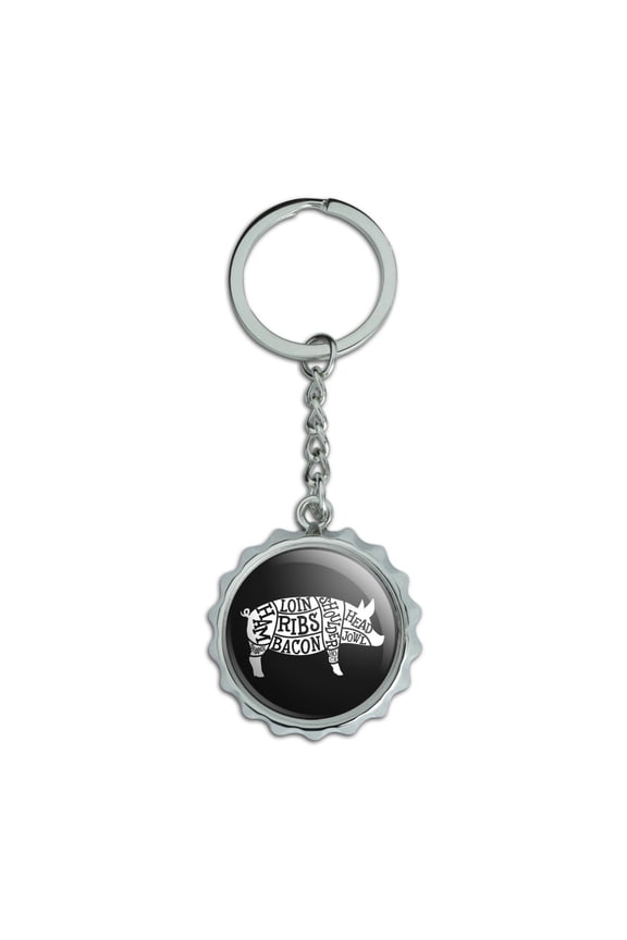 Pork Pig Parts Illustration Bacon Keychain Chrome Plated Metal Pop Cap Bottle Opener