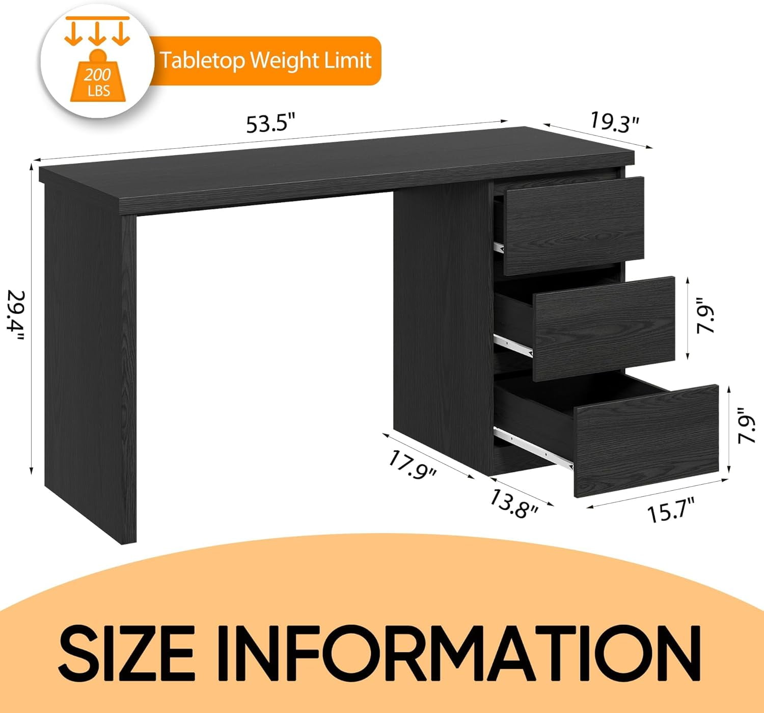 Computer Desk with Drawers, Wood Work Desk, Home Office PC Desk Workstation with Storage, Modern Gaming Computer Table for Bedroom, Living Room, 53.5 inches, Black