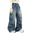 thumbnail image 2 of Miluxas Baggy Cargo Pants for Girls Wide Leg Jeans Streetwear Low Rise Oversized Jeans Blue 14-15Years, 2 of 7