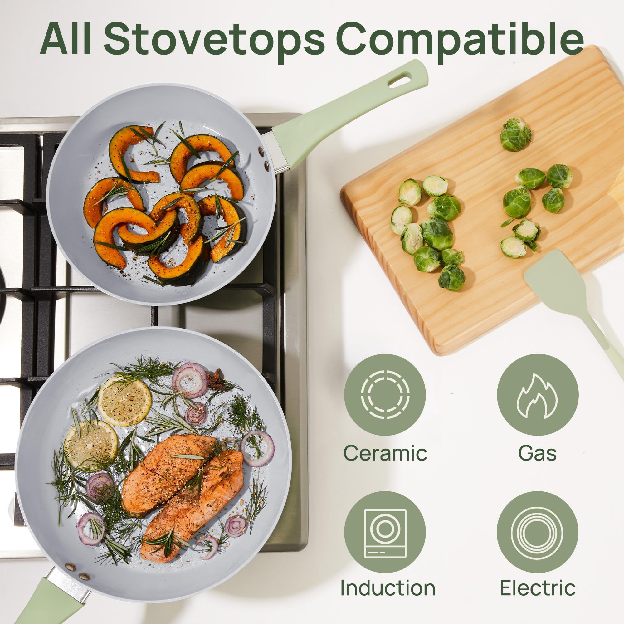 KITEXPERT Non Stick Frying Pan, 8" 9.5" 11" Ceramic Pan Set with Lid, Non Toxic Cooking Pan, Skillet for Induction Hob