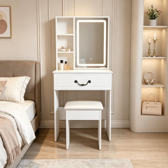 Montary Modern Mini Vanity w/Adjustable LED Mirror Hidden Storage, Padded Stool & Dustproof Shelves (White)