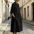 thumbnail image 6 of Zeijnsda Womens Long Dresses Spring Summer 3/4 Sleeved Shirt Dresses Lapel Button Maxi Shirt Dresses Solid Color Cotton-Linen Midi Dresses for Casual Daily Outfit, 6 of 7