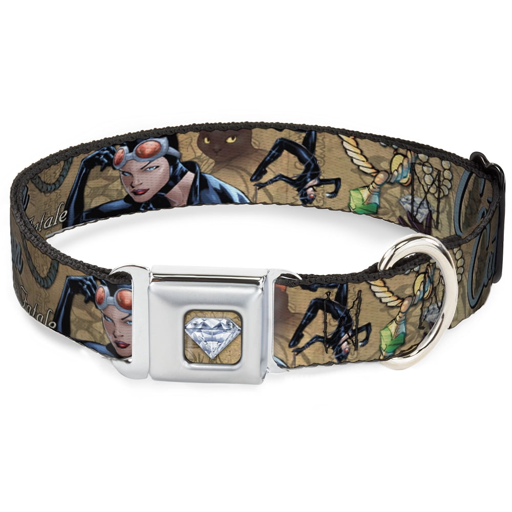 DC Comics Pet Collar, Dog Collar Metal Seatbelt Buckle, Catwoman Nine Lives of A Feline Fatale Pose Jewelry Cat Tans, 9.5 to 13 Inches 1.0 Inch Wide