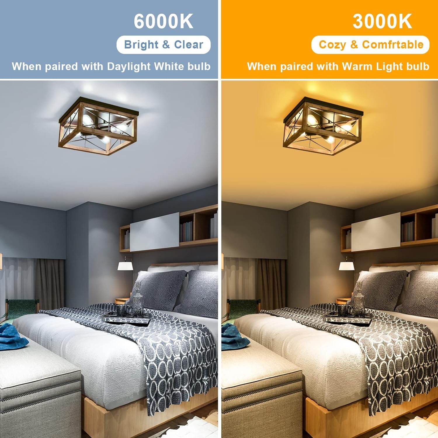 Table Lamp Wooden Flush Mount Ceiling Lights, 4-Light Farmhouse Close to Ceiling Lighting Fixtures Black Ceiling Lamp for Kitchen Island Living Room Bedroom Hallway Laundry Entryway,Bedroom Lamp