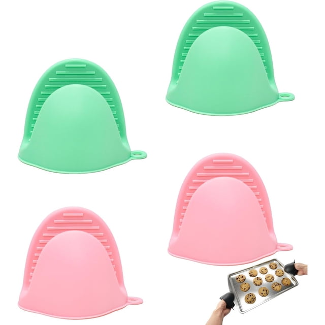 Guantes de Silicona para Horno, 2 Pares de Guantes de Cocina, Guantes Aislantes, Guantes Resistentes al Calor, Anti-Escaldaduras (Rosa, Verde)