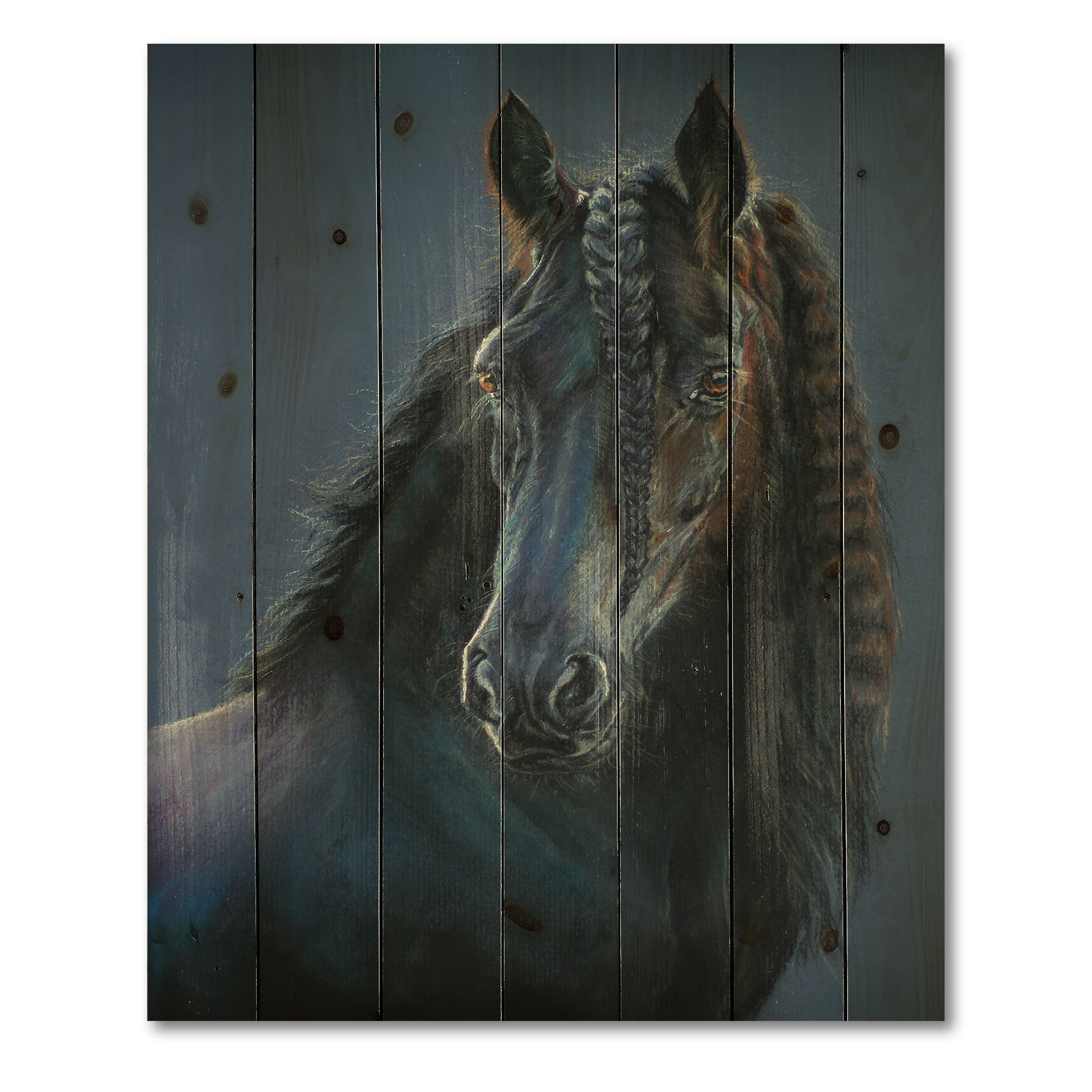 Designart 'Frisian Black Horse Portrait' Farmhouse Print on Natural Pine Wood