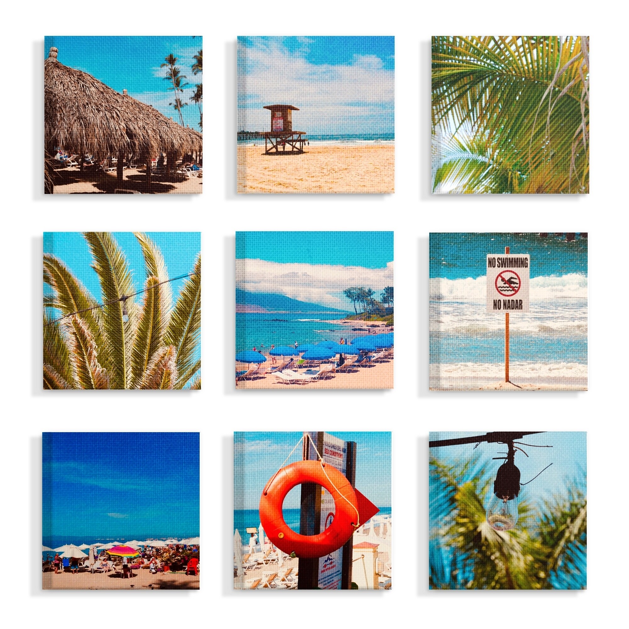 The Stupell Home Decor By the Shore Photo Collage with Palm Trees and Umbrellas Canvas Wall Art, 9pc, each 12 x 12