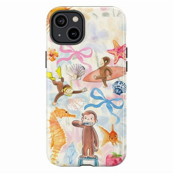 Cute Curious Monkey Ocean Phone Case, Sea Life & Bow Design, Fun Cover for iPhone 16 15 14 13 12 Pro Max Plus