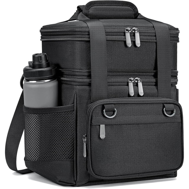 Lonchera Térmica para Hombre 15L, Bolsa de Almuerzo Grande Expansible de Doble Compartimento, Loncheras a Prueba de Fugas para Trabajo y Viajes con Correa Ajustable (Negro)
