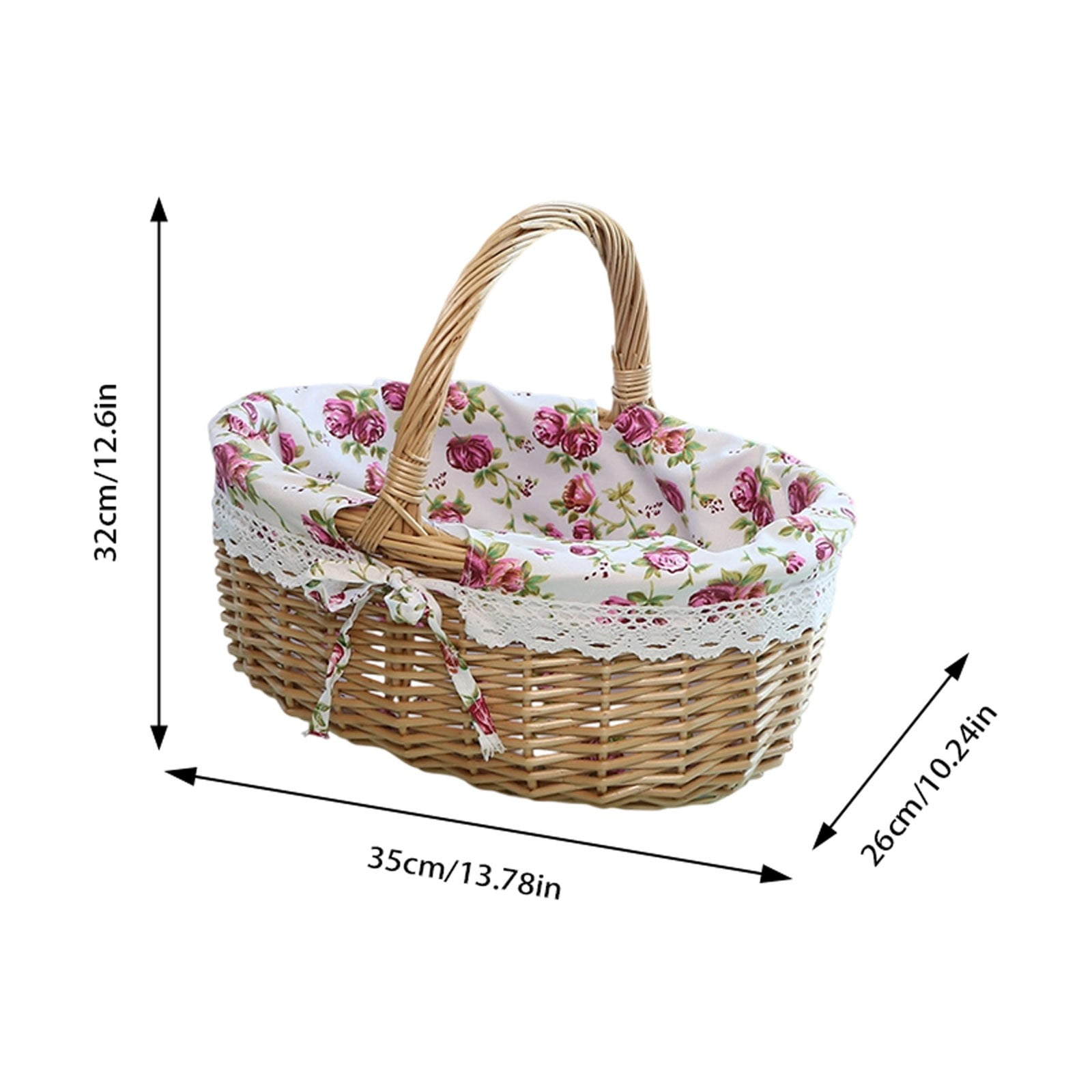 Vintage Oval Multfunction Picnic Basket - Removable Printed Liner, Portable Storage Basket, Suitable for Picnics Camping, Home Decor, Hiking, Easter, Spring Supplies, L13.8 x W10.2 x H12.6 in