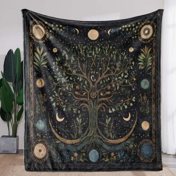 Vintage Tree of Life Moon Print Blanket - Soft, Warm Flannel Throw for Sofa, Bed, Car, Office, Camping, Travel - All-Season Gift Blanket, Multicolor, Life, Suitable for, Retro Style